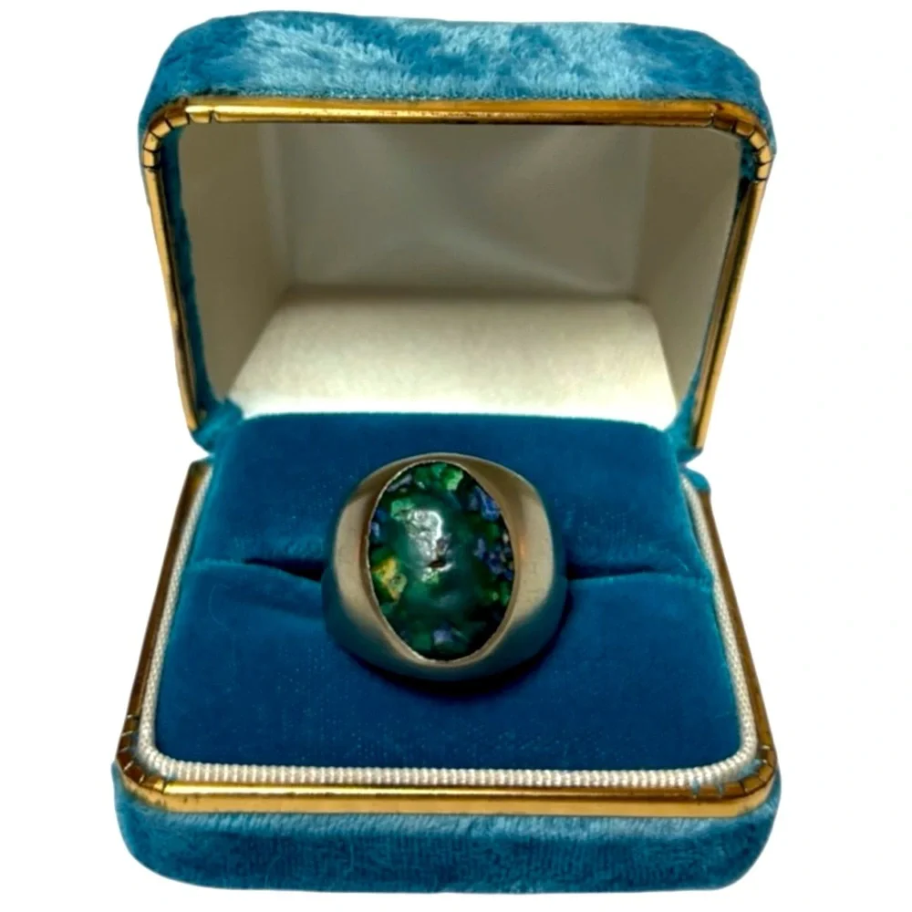 Vintage Mens Ring Mexican Silver Turquoise Malachite Luxury Handcrafted Jewelry